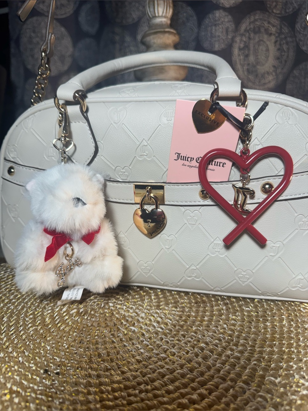 NWT Juicy Couture Embossed Satchel with Heart, Teddy, & 2 Padlock Bag Charms 💖